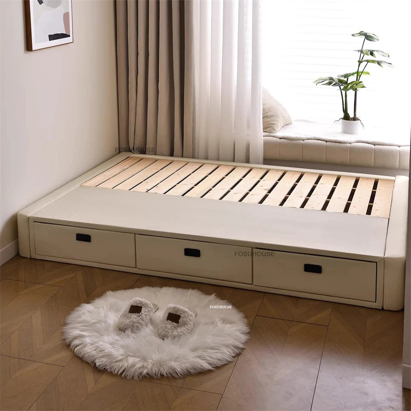 Tatami Storage Slatted Bed Small Apartment Bed Frames Home Floor-standing Solid Wood Leather Bed Frame Luxury Bedroom Furniture