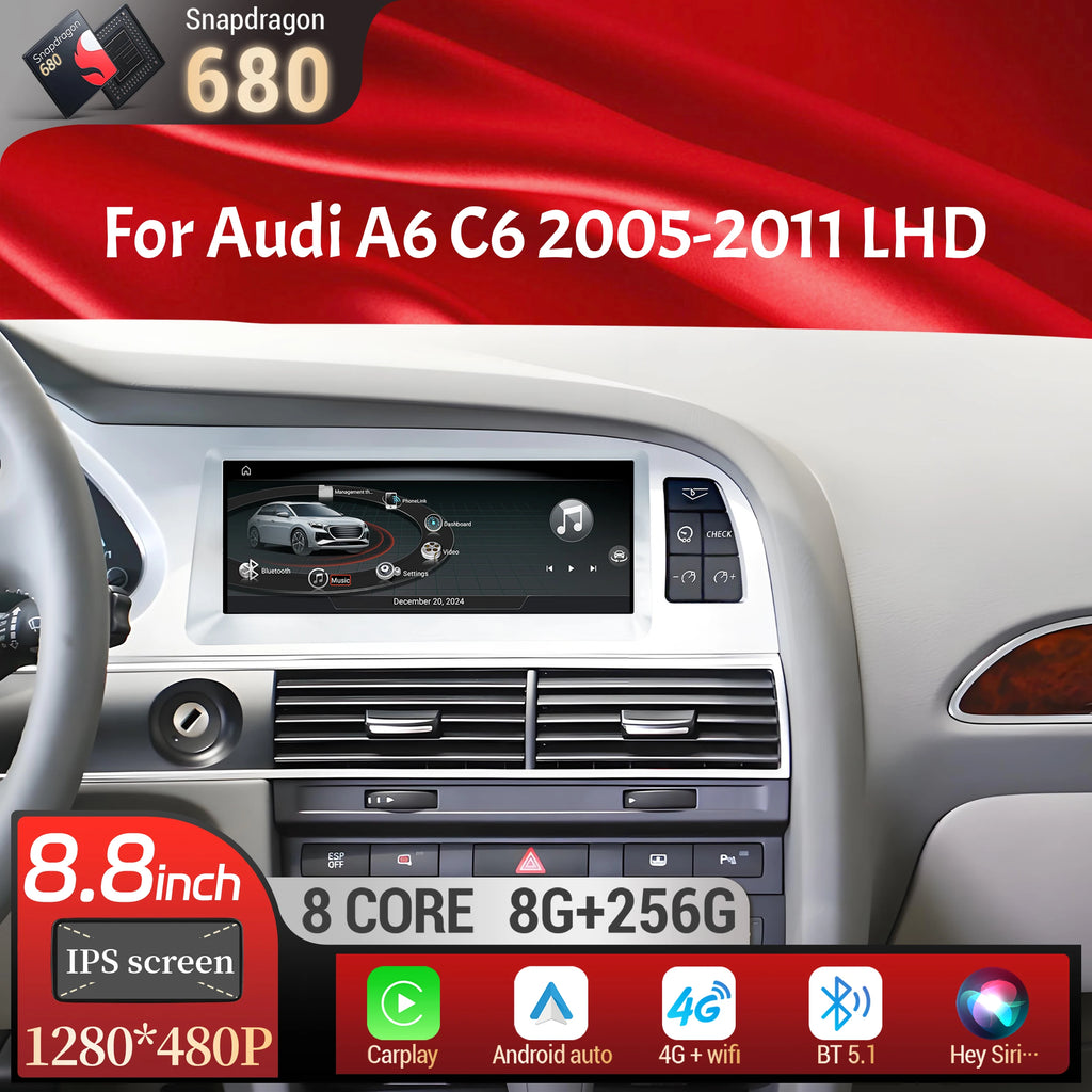 8.8 inch Left Hand Drive Android 14 For Audi A6 C6 2005-2011 Car Radio Wireless BT Carplay Qualcomm Snapdragon 680 Touch Screen