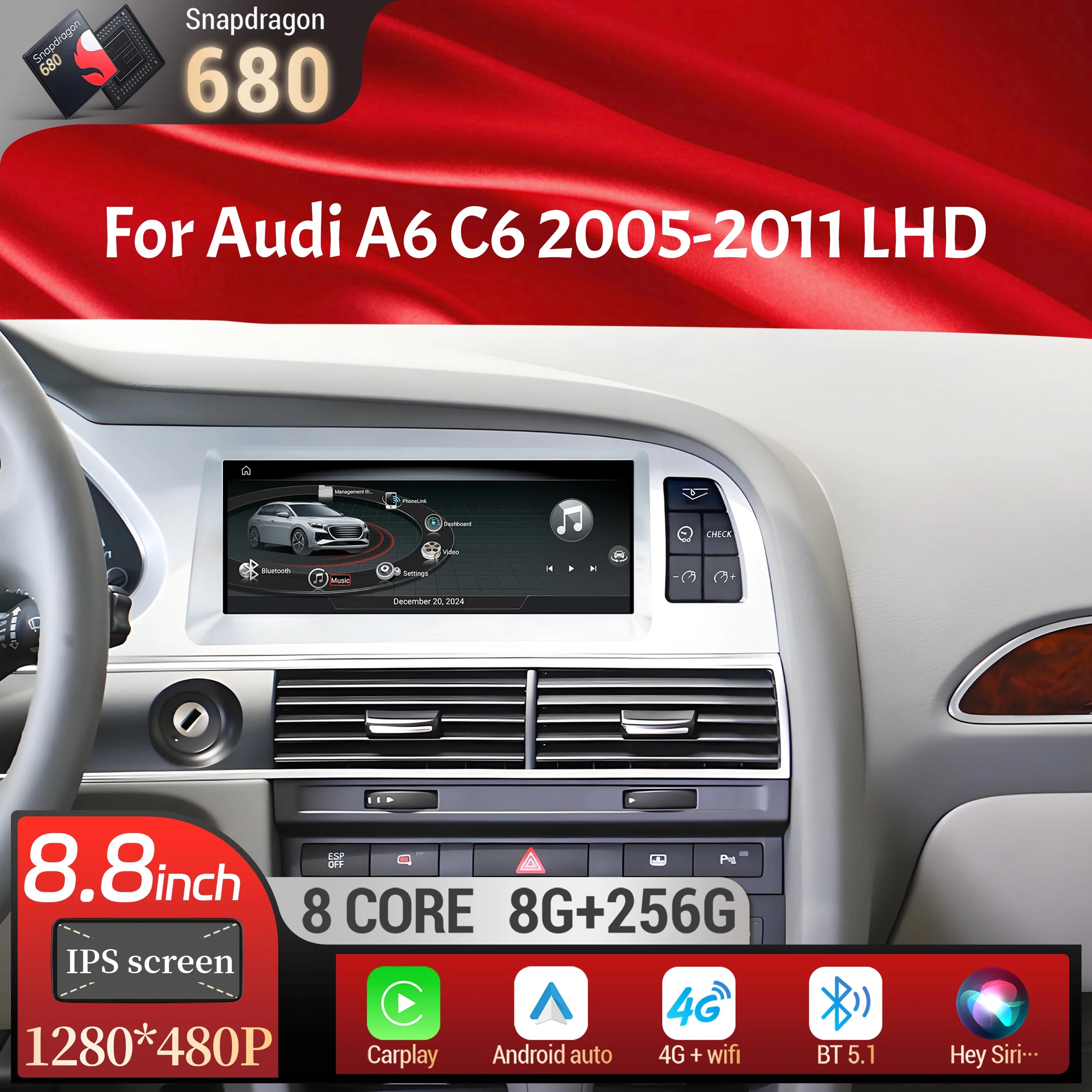 8.8 inch Left Hand Drive Android 14 For Audi A6 C6 2005-2011 Car Radio Wireless BT Carplay Qualcomm Snapdragon 680 Touch Screen