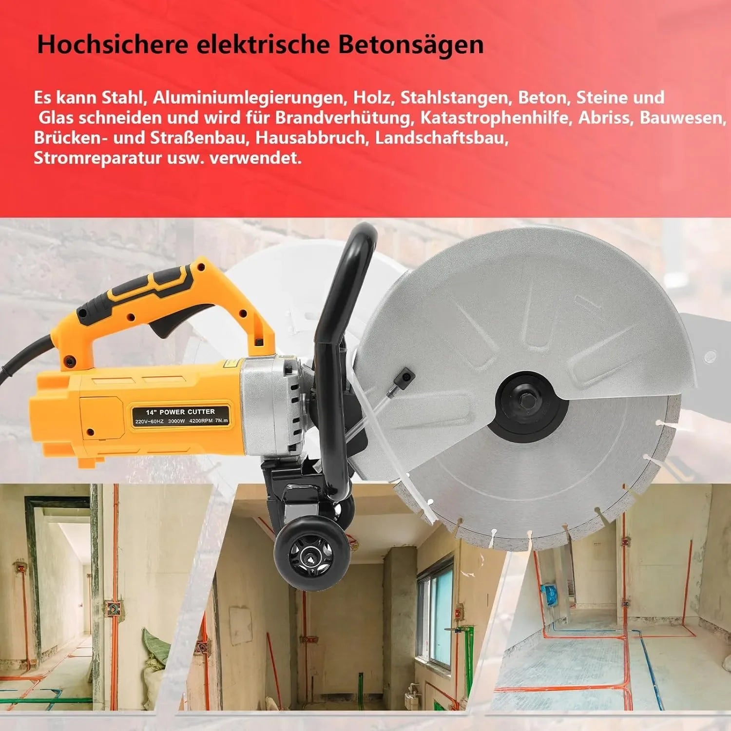 Electric Stone Saw, Concrete Cutting Cutter with 350 mm Saw Blade, 3000 W, Stone Cutter,Dust-free Cutting Separator w/Water Pump
