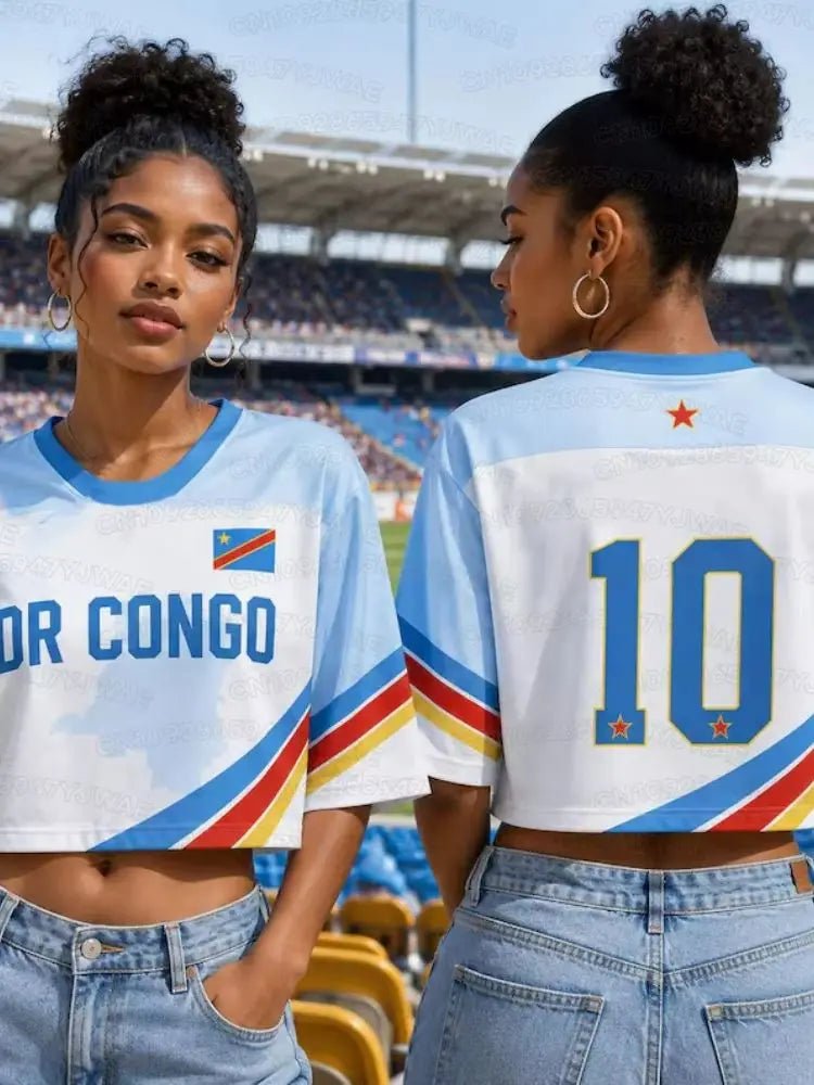 Été 2026 Nouveau Maillot de Football à Imprimé République Démocratique du Congo pour Femmes Col Rond Manches Courtes Maillot Court de Cheerleaders Crop Top T-shirt