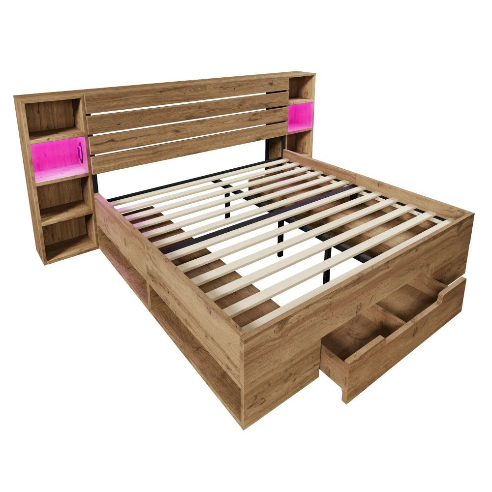 Bed with Upholstered Bed System with Reading Lamp and USB C Night Table and Seating Bench with Storage Space (without Mattress)