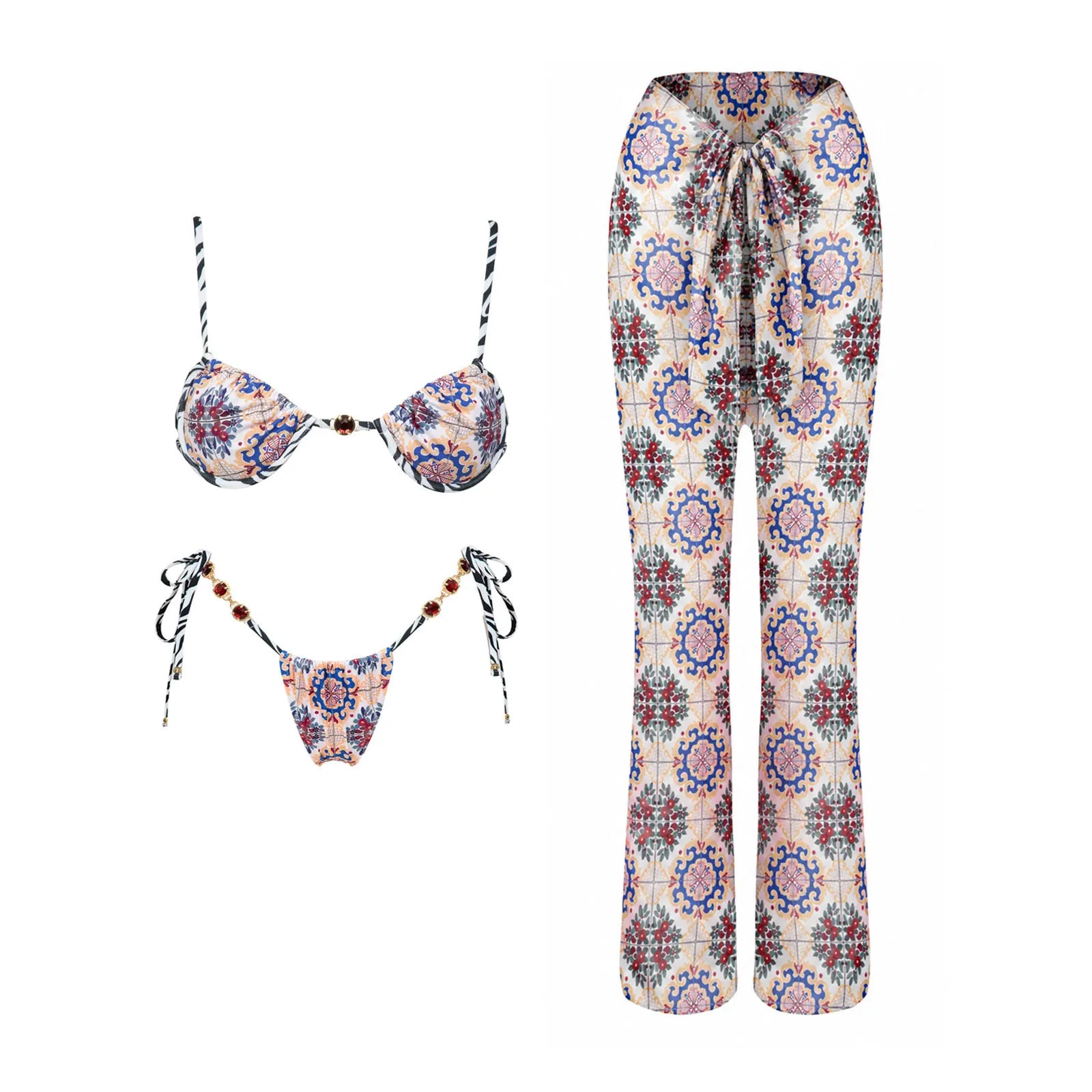 Maillot de bain 3 pièces push-up 2026 à imprimés rétro avec pantalon en maille, maillot de bain sexy pour femme, paréo de plage à bretelles
