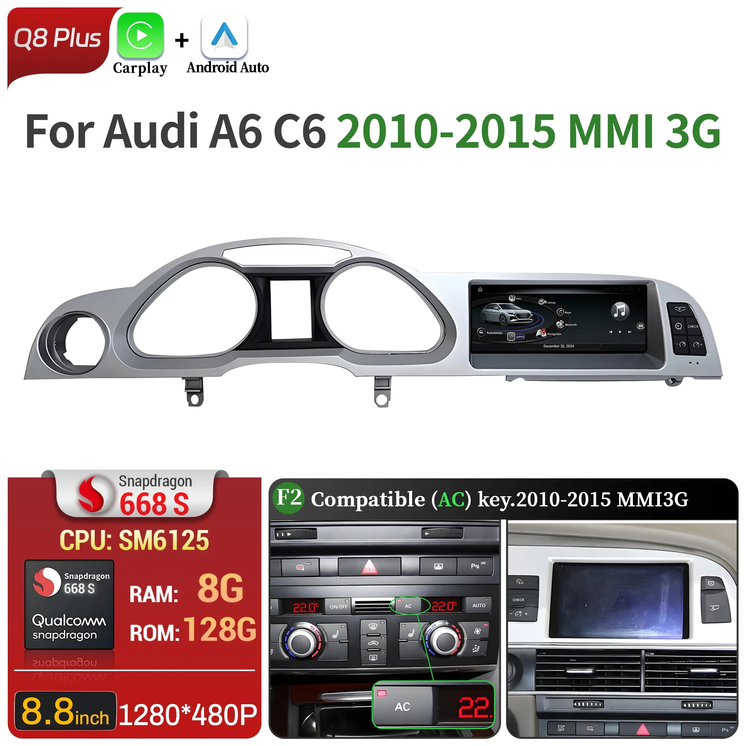 8.8 inch Left Hand Drive Android 14 For Audi A6 C6 2005-2011 Car Radio Wireless BT Carplay Qualcomm Snapdragon 680 Touch Screen
