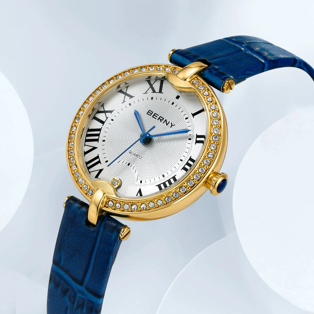 BERNY Women's Watches Luxury Slim Elegant Ladies Dress Quartz Watch Fashion Stones Domed Glass Girls Business Daily Wristwatch