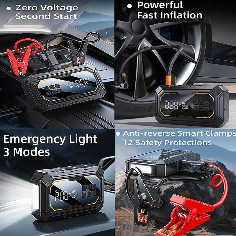 Portable 4 In 1 Car Jump Starter Led Lighting Air Compressor Tire Pump Power Bank 12V Car Battery Starter Car Battery Charger