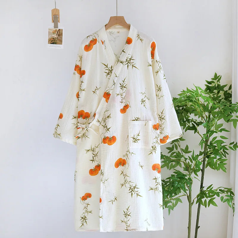 Cotton Fabric Bamboo Printed Sleepwear Bathrobes for Women Spring and Summer Double-layer Thin Home Clothing Pyjamas Robes