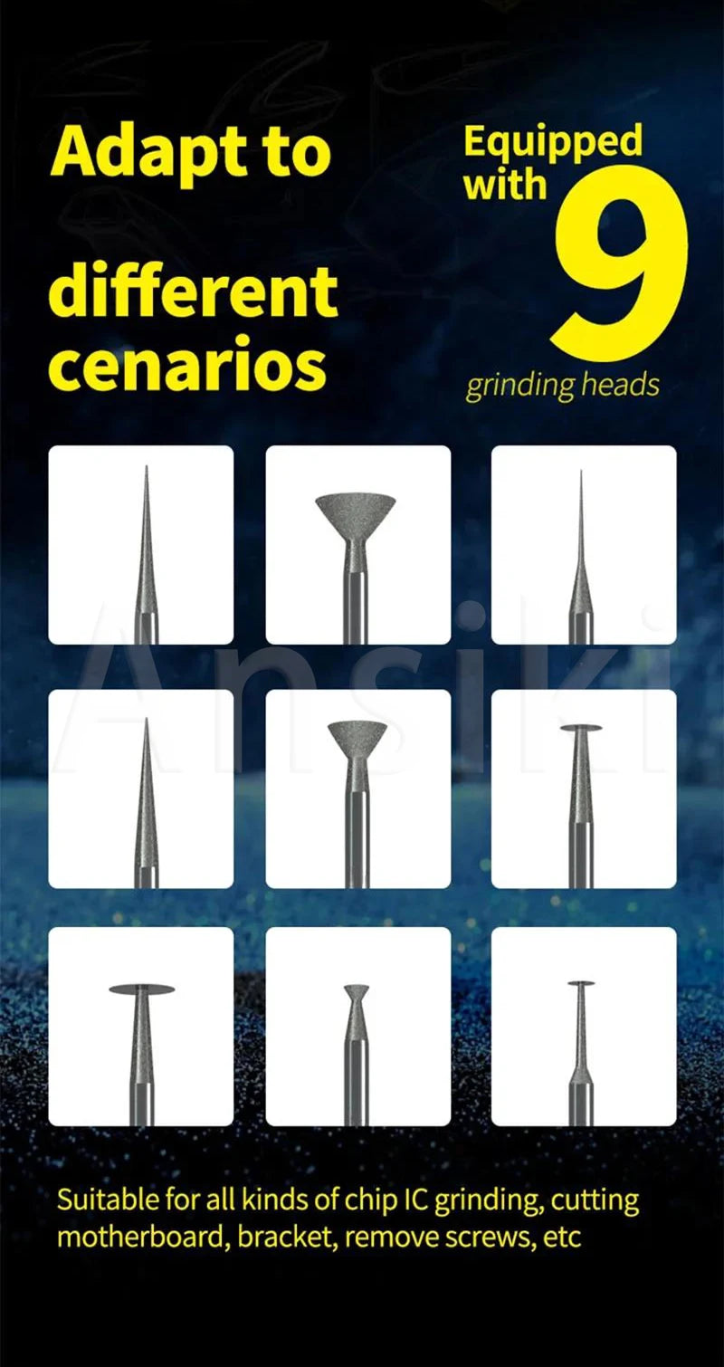 MECHANIC GDR2 Electric Polishing Pen 9pcs Diamond Grinding Heads for IC Chip Grinding PCB Cutting Phone Repair Tools