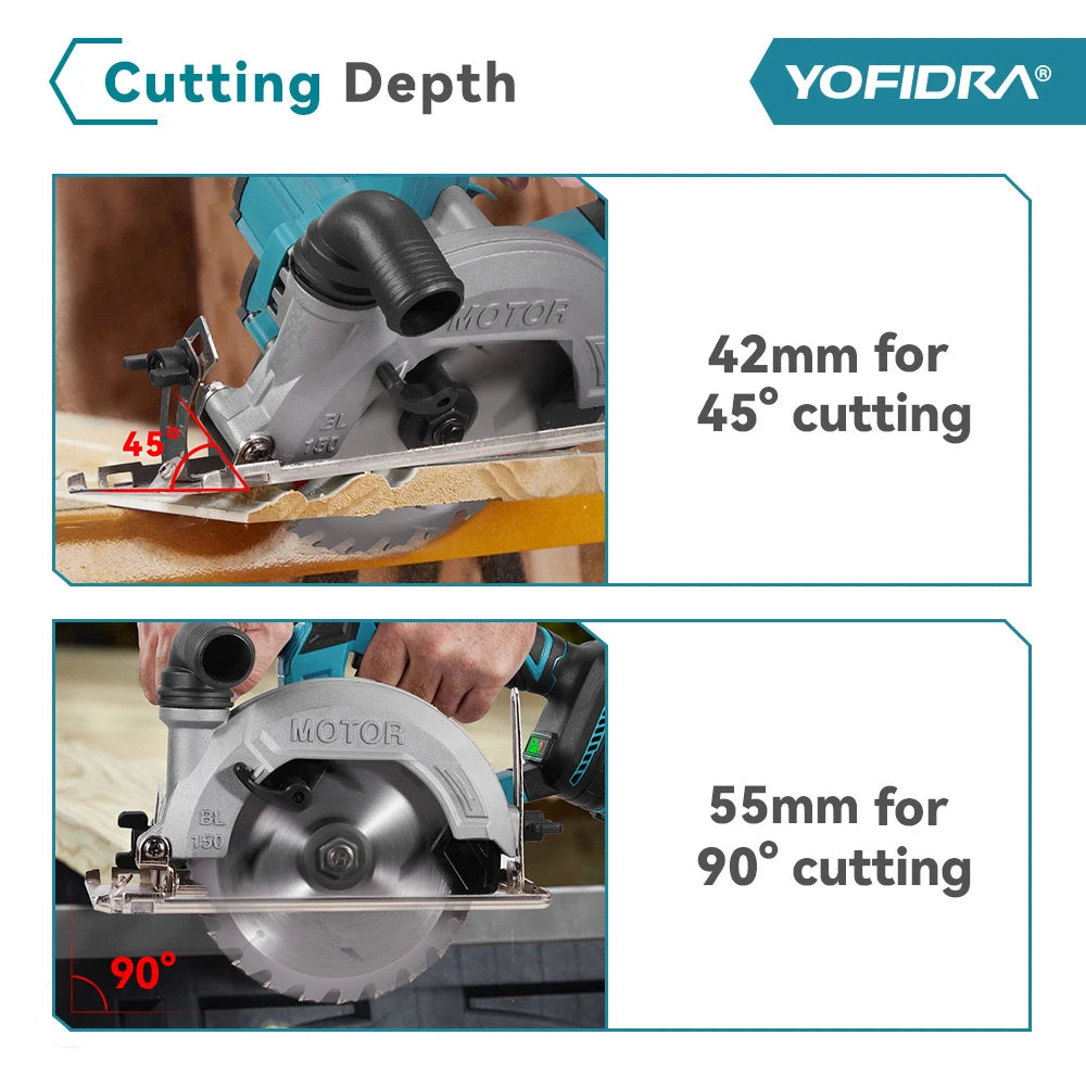 YOFIDRA Scie circulaire électrique sans balais 6 pouces, outil de coupe portatif pour bois et tuyaux en PVC avec profondeur de coupe de 55 mm, compatible batterie Makita