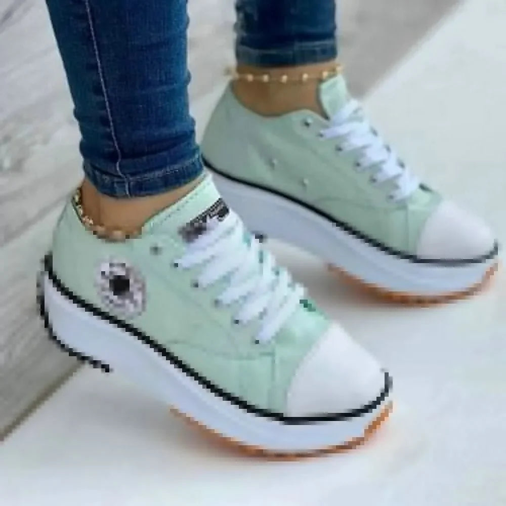 Women’s Pattern Canvas Sneakers Simple Fashionable Casual Lace-Up Shoes thick bottom outdoor activity High Quality lady footwear