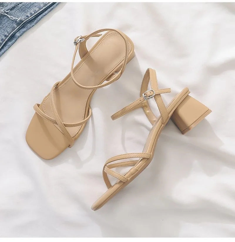 Comemore Comfortable 2023 Summer Block Heel Women's Sandals Girl Shoes Black Outer Wear Fashion Elegant Medium Heels Footwear 40