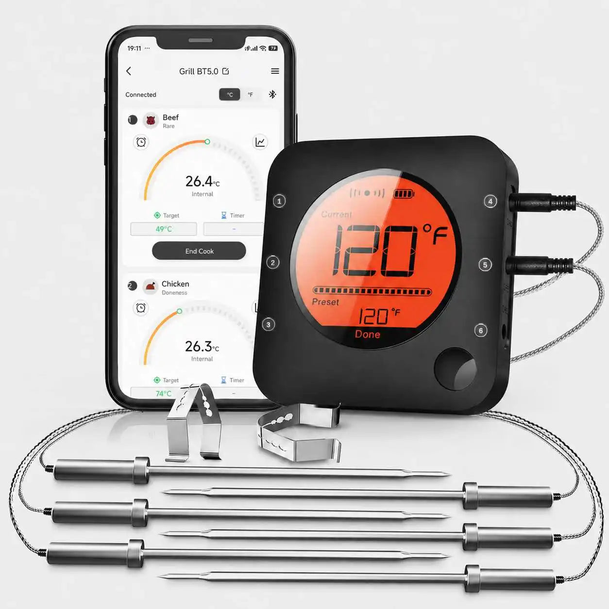 Bluetooth Meat Thermometer Digital BBQ Kitchen Thermometer Support 6 Probe for Smoker Cooking Grill Oven Candy