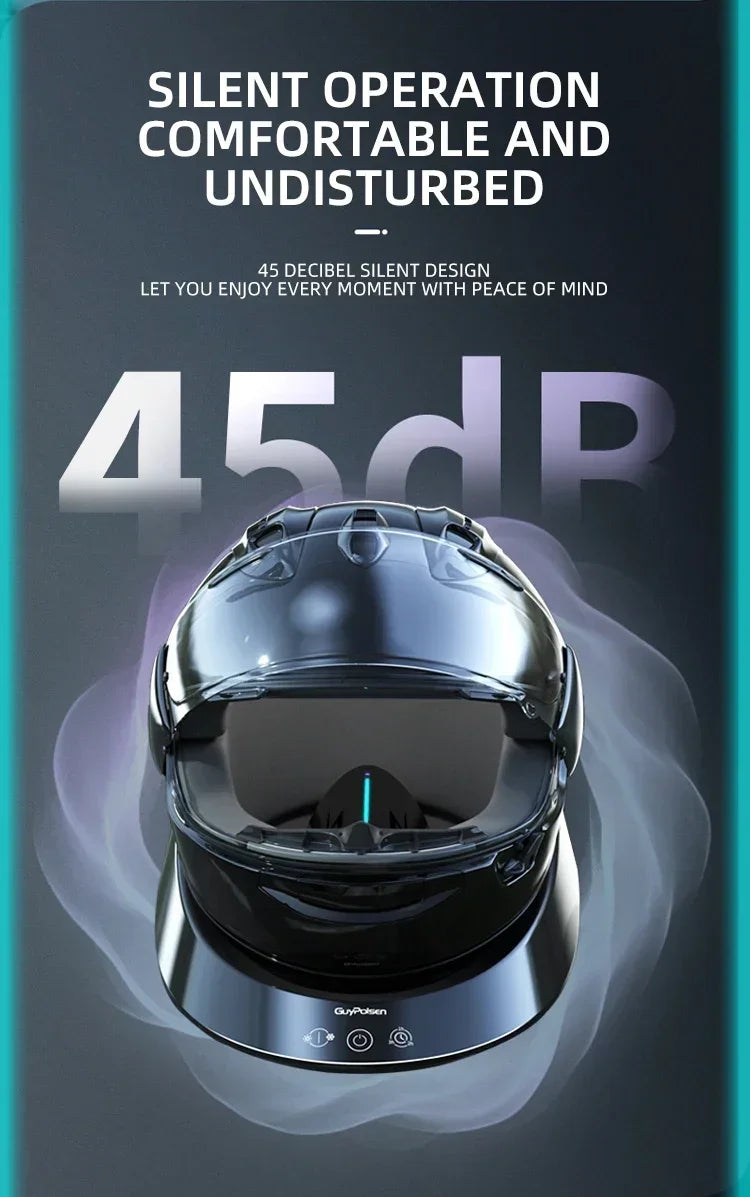 Smart Motorcycle Helmet Dryer Features Sterilization  Dust Removal Functions Temperature Control, and Ambient Lighting