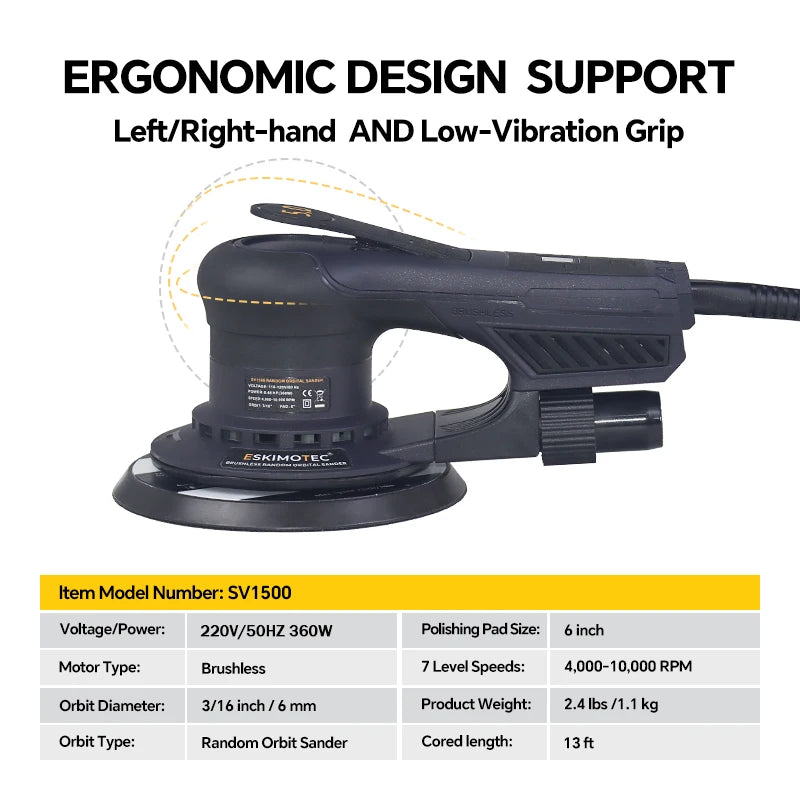 2025 360W 6 Inch 150mm Brushless Orbital Sander Electric Sanding Sander Machine 5mm Random Orbital Sander for Car Wood Wall