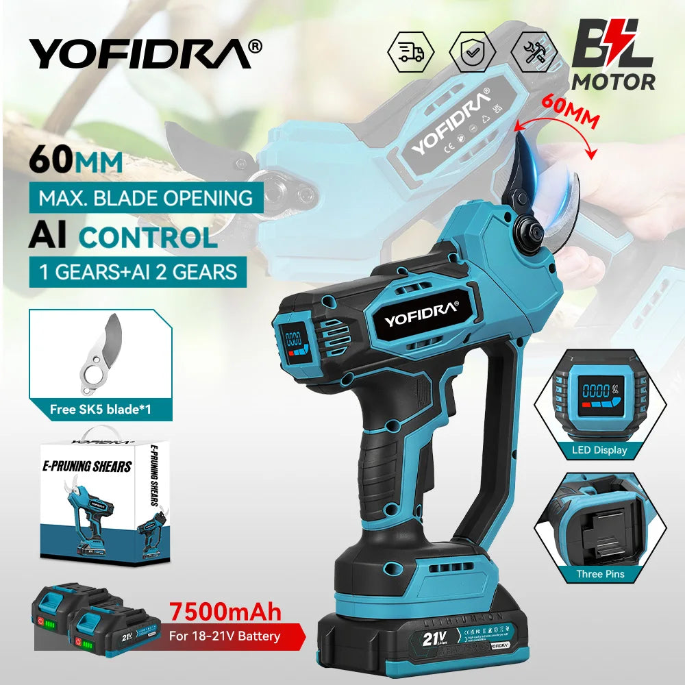 YOFIDRA 60mm AI Gears Control Brushless Electric Pruner Cordless Tree Bonsai Pruning Electric Scissors For Makita 21V Battery