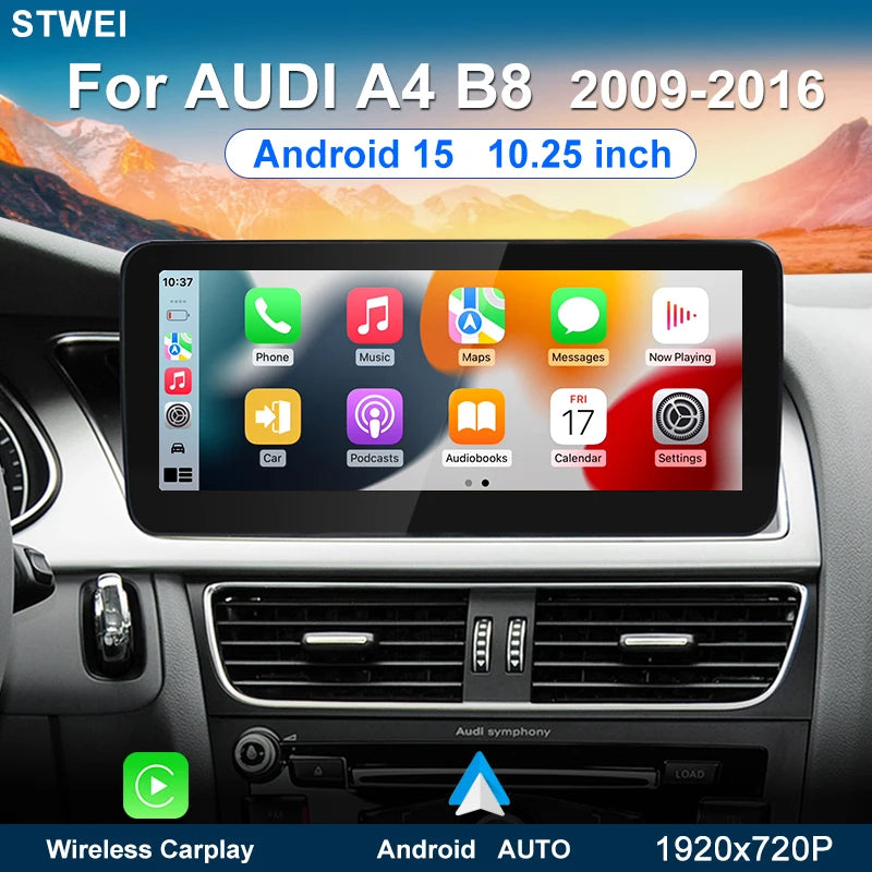For Audi AUDI A4 B8 2009 20110 2011-2016 10.25-inch car radio multimedia player Android 15 Wireless Carplay stereo DSP 4G WiFi
