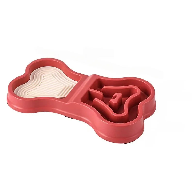 Non Slip Bone Shaped Dog Slow Feeder Bowl Double Compartment Interactive Maze Pet Food Dish for Fast Eaters Anti Choking Dry Wet