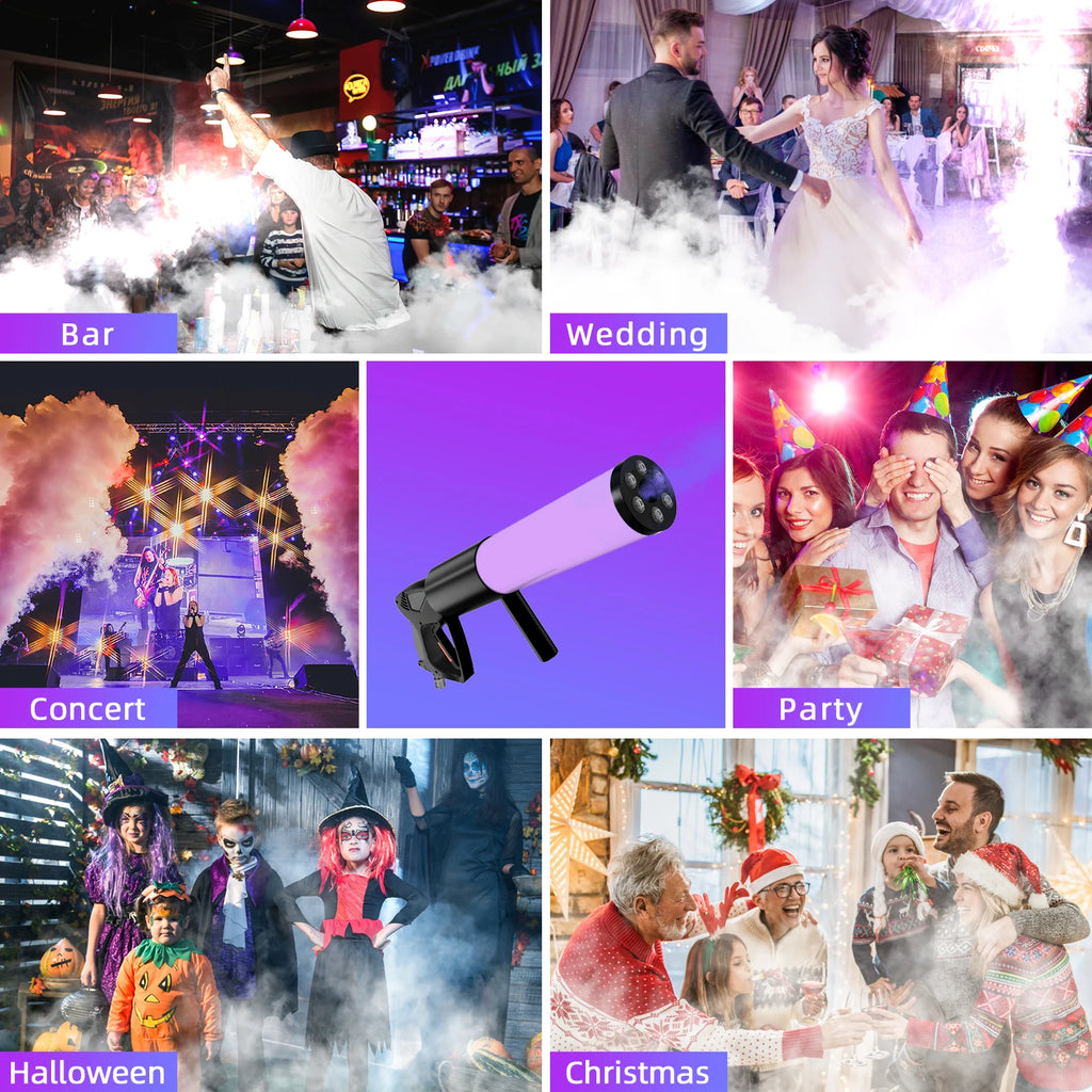 U'King LED Six Lights Carbon Dioxide Column Gun RGB Atmosphere Props Smoke Gun Dry Ice Gun For Bar Wedding Business Show Party