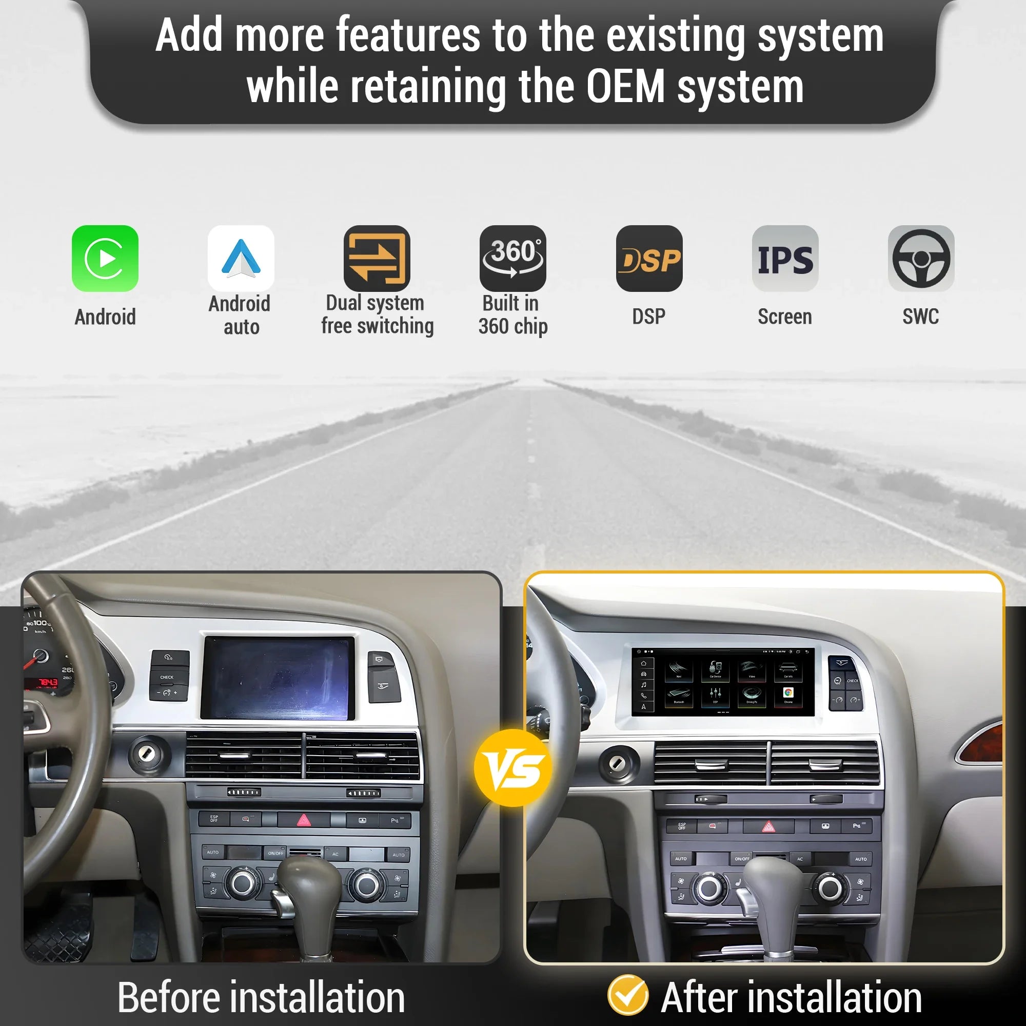 8.8 inch Left Hand Drive Android 14 For Audi A6 C6 2005-2011 Car Radio Wireless BT Carplay Qualcomm Snapdragon 680 Touch Screen