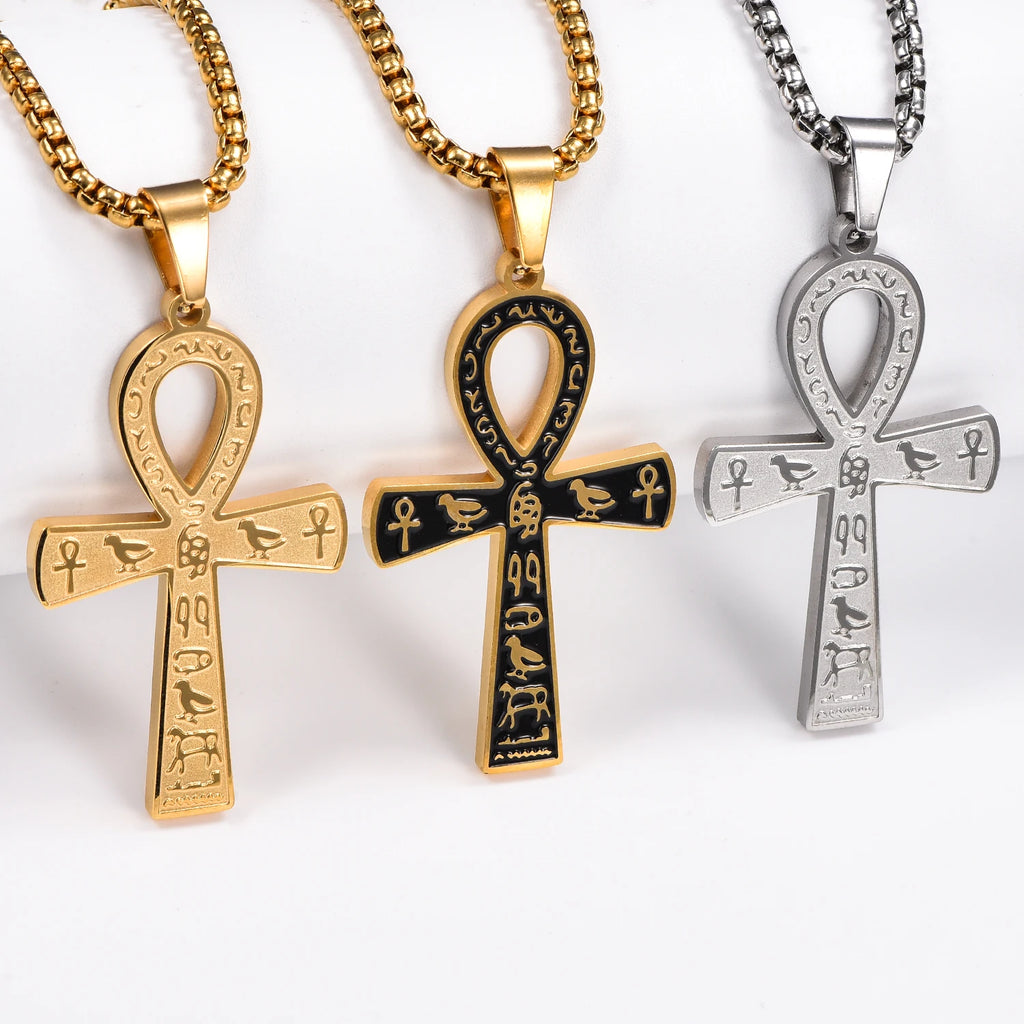 Stainless Steel Ancient Egyptian Ankh Cross Pendant Necklace Silver/Gold Color Painted Bird Animal Totem Jewelry Gift
