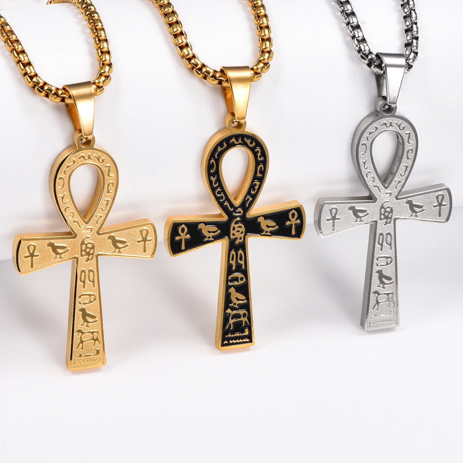 Stainless Steel Ancient Egyptian Ankh Cross Pendant Necklace Silver/Gold Color Painted Bird Animal Totem Jewelry Gift