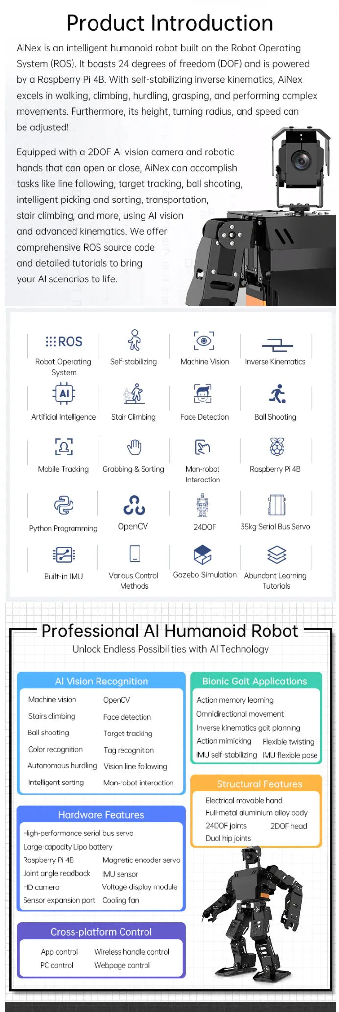 Professional ROS Humanoid Robot for Competition Teaching Kit Based on Raspberry Pi Athletic Robot Kit