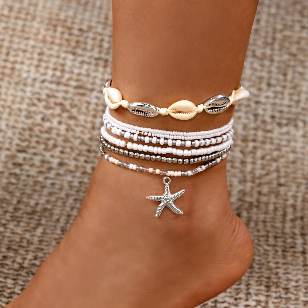 Metal Starfish Pendant Anklets Set For Women Men Trendy Sea Star Multilayer Rice Beaded Foot Chain Summer Beach Vacation Jewelry