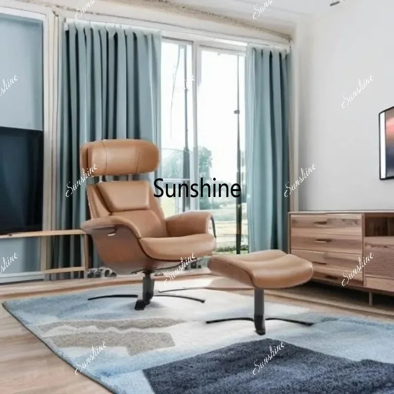 Leather Reclining Swivel Chair with Adjustable Headrest and Ottoman for Living Room, Saddle Color, Arm Rest, Cushion Included