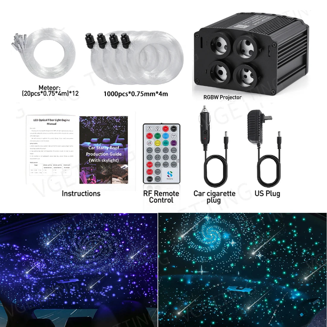 4 Port Twinkle RGBW Meteor Ceiling Car Roof Shooting Star Light LED Fiber Optic Light Starry Sky Lamp APP Music Remote Control