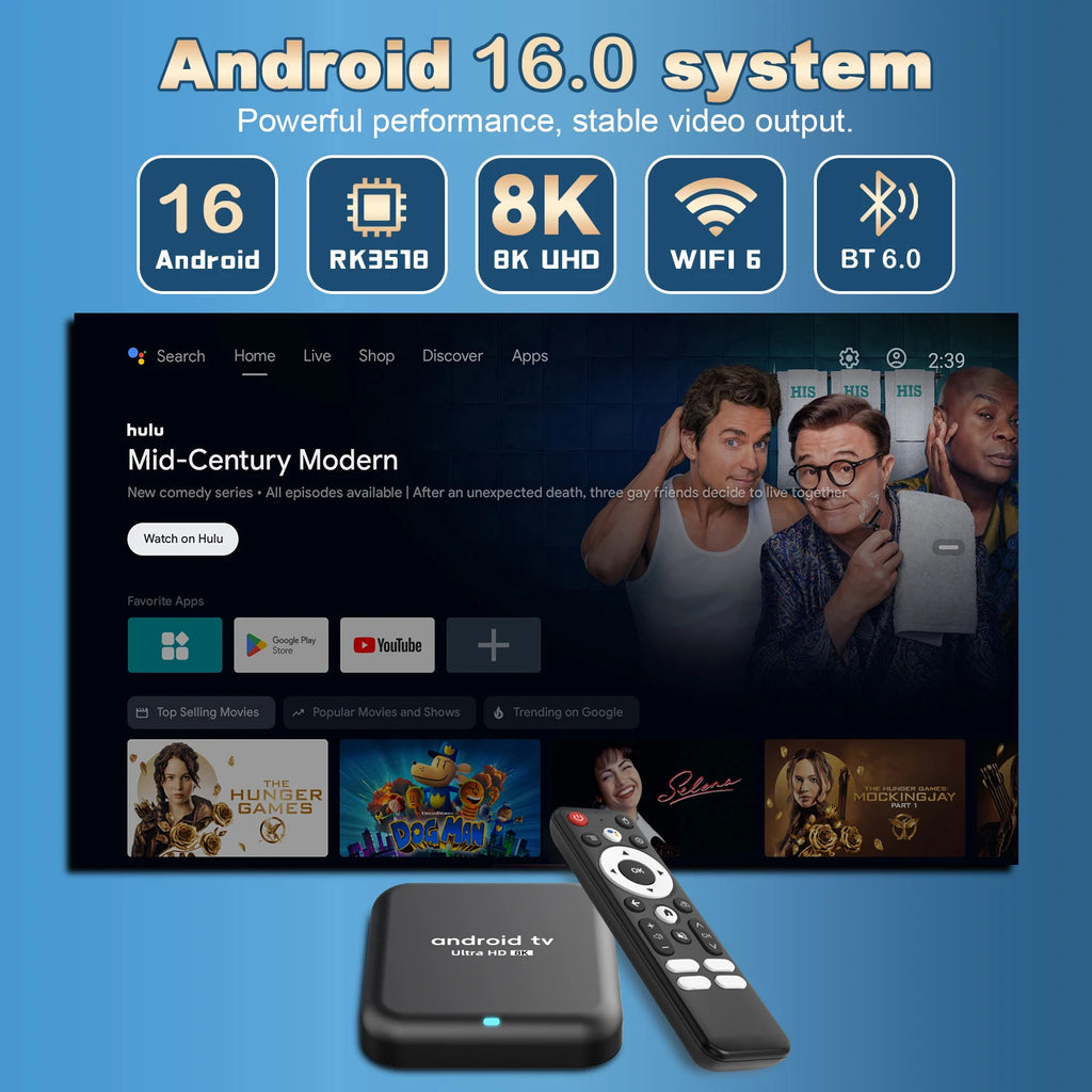 Smart TV Box 2026 Android 16 Q18 RK3518 Double Wi-Fi 5G Wifi6 Google Assistant Vidéo 8K BT6.0 Netflix 8 Go 128 Go 256 Go Lecteur Multimédia