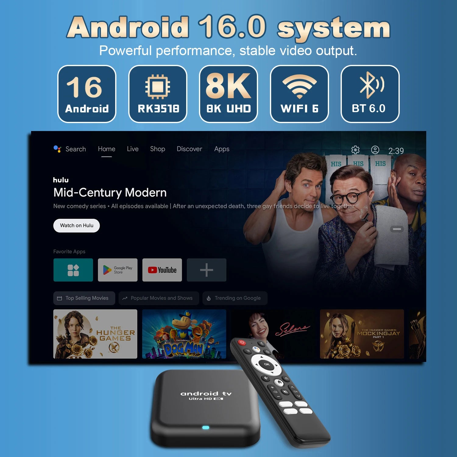 Smart TV Box 2026 Android 16 Q18 RK3518 Double Wi-Fi 5G Wifi6 Google Assistant Vidéo 8K BT6.0 Netflix 8 Go 128 Go 256 Go Lecteur Multimédia