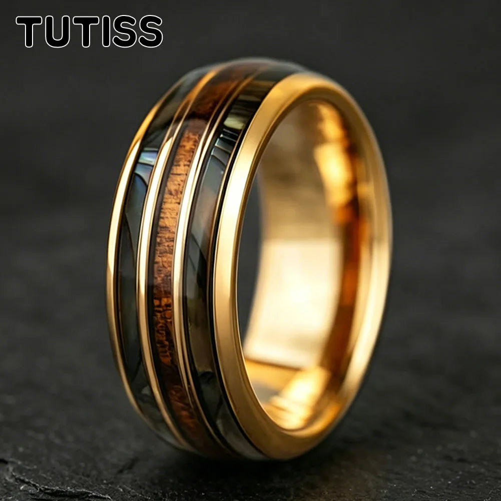 8mm Whiskey Barrel Abalone Shell Inlaid With Rose gold Tungsten Wedding Ring, Polished Edge, Couple Engagement Anniversary Gift