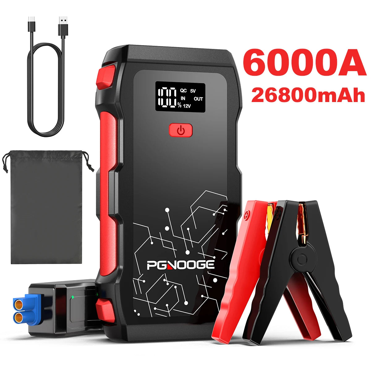 26800mAh 6000A Car Jump Starter, Car Battery Booster for All Gas and Up to 10L Diesel Engines, 12V Auto Emergency Jumper Starter