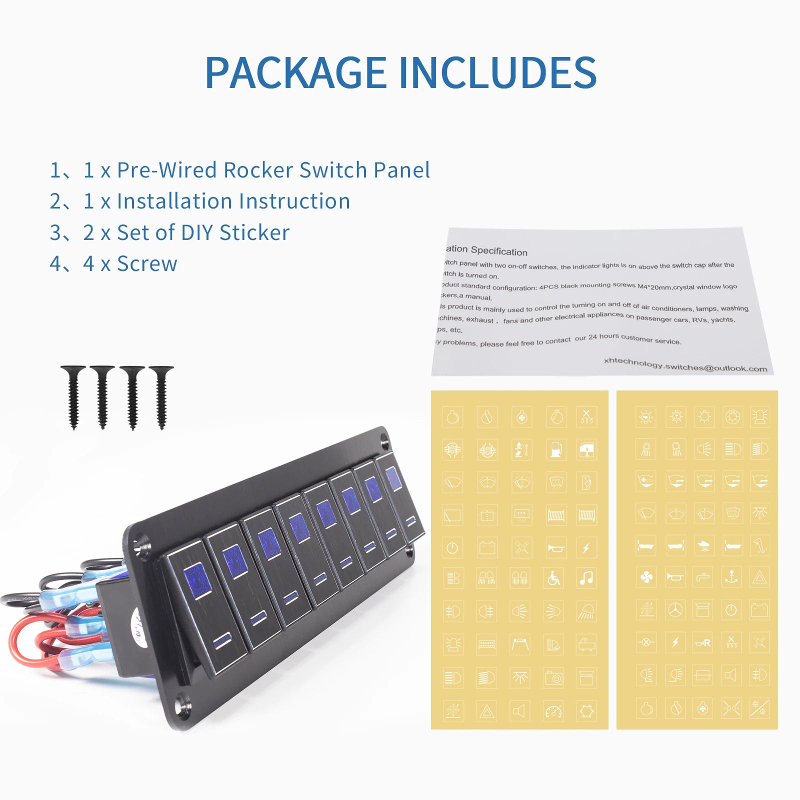 Durable metal 2-8Gang rocker switch panel with LED light, waterproof and overload protection for car card, vehicle and vessel