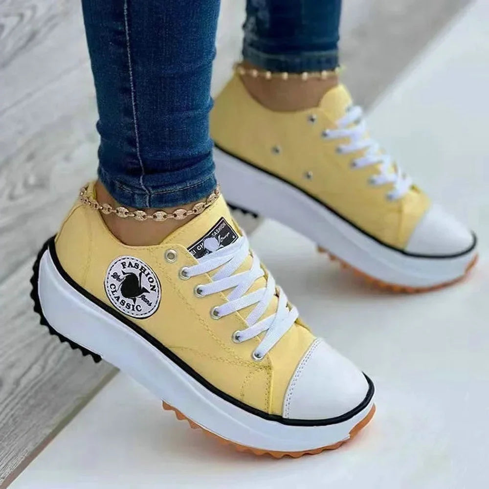 Women’s Pattern Canvas Sneakers Simple Fashionable Casual Lace-Up Shoes thick bottom outdoor activity High Quality lady footwear