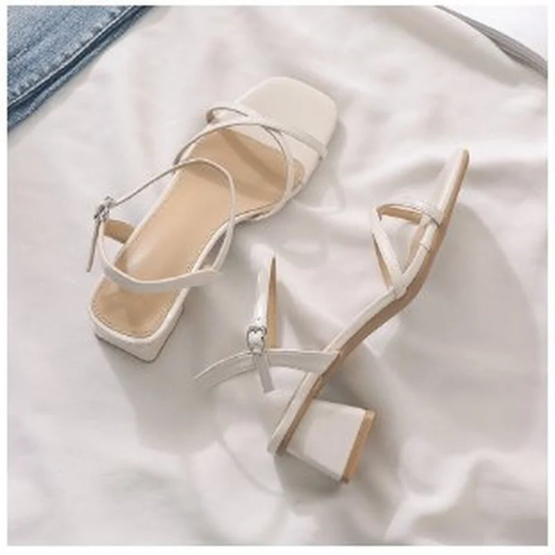 Comemore Comfortable 2023 Summer Block Heel Women's Sandals Girl Shoes Black Outer Wear Fashion Elegant Medium Heels Footwear 40