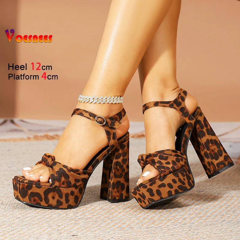 2025 Trend Casual Chunk Heels Europe and America Square Toe Platform Women Shoes Summer Model 12CM Suede Leopard print Sandals