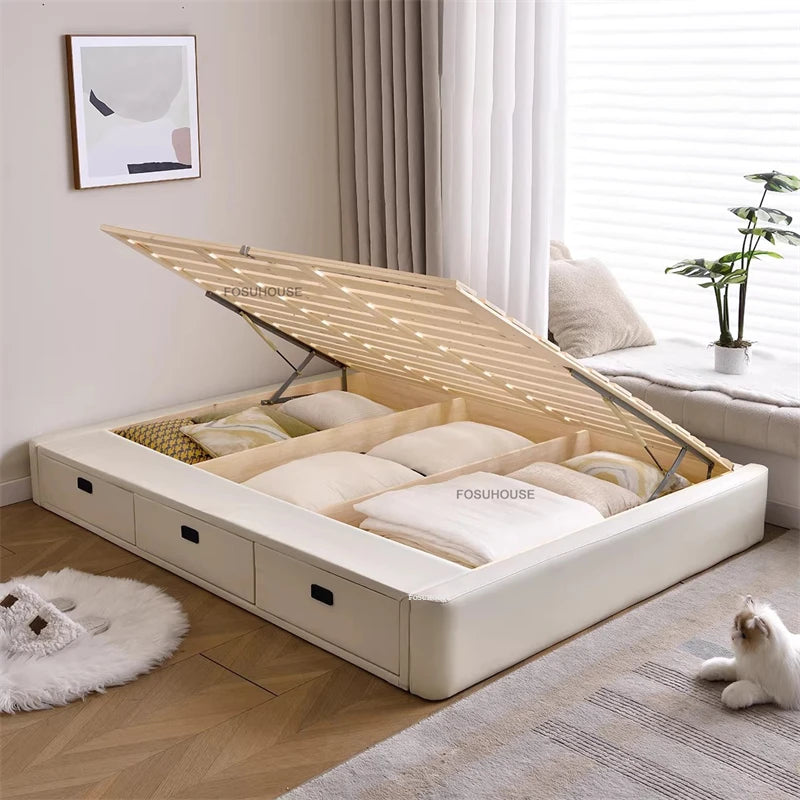 Tatami Storage Slatted Bed Small Apartment Bed Frames Home Floor-standing Solid Wood Leather Bed Frame Luxury Bedroom Furniture