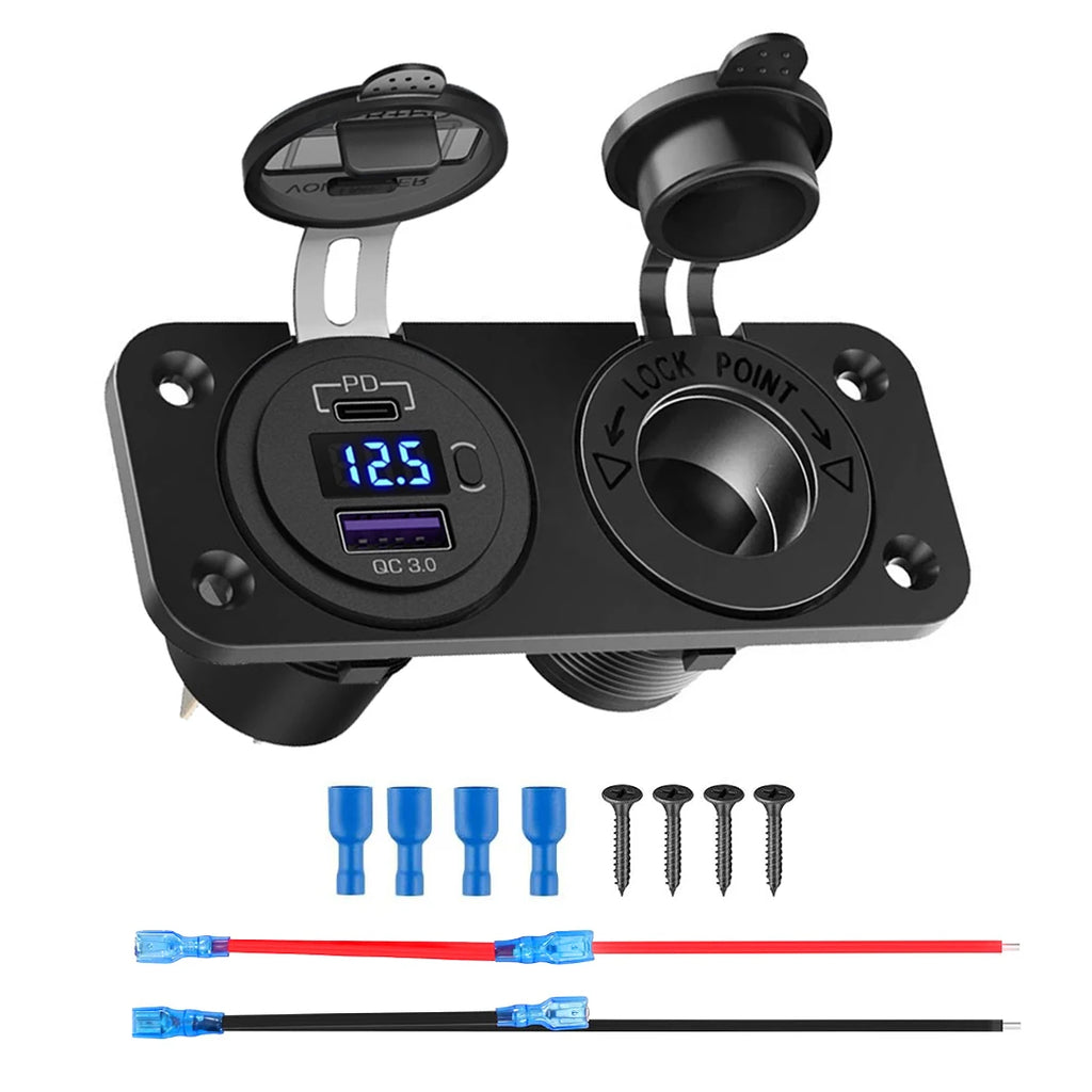 Prise USB 12 V Panneau marin PD Type C QC3.0 Ports USB Chargeur de voiture avec voltmètre LED Interrupteur d'alimentation Prise allume-cigare