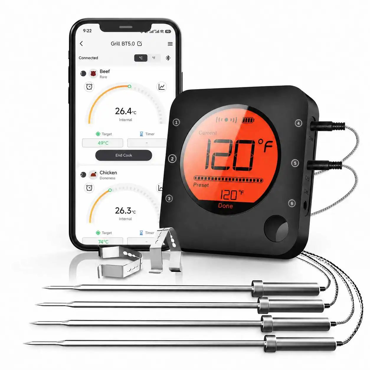 Bluetooth Meat Thermometer Digital BBQ Kitchen Thermometer Support 6 Probe for Smoker Cooking Grill Oven Candy