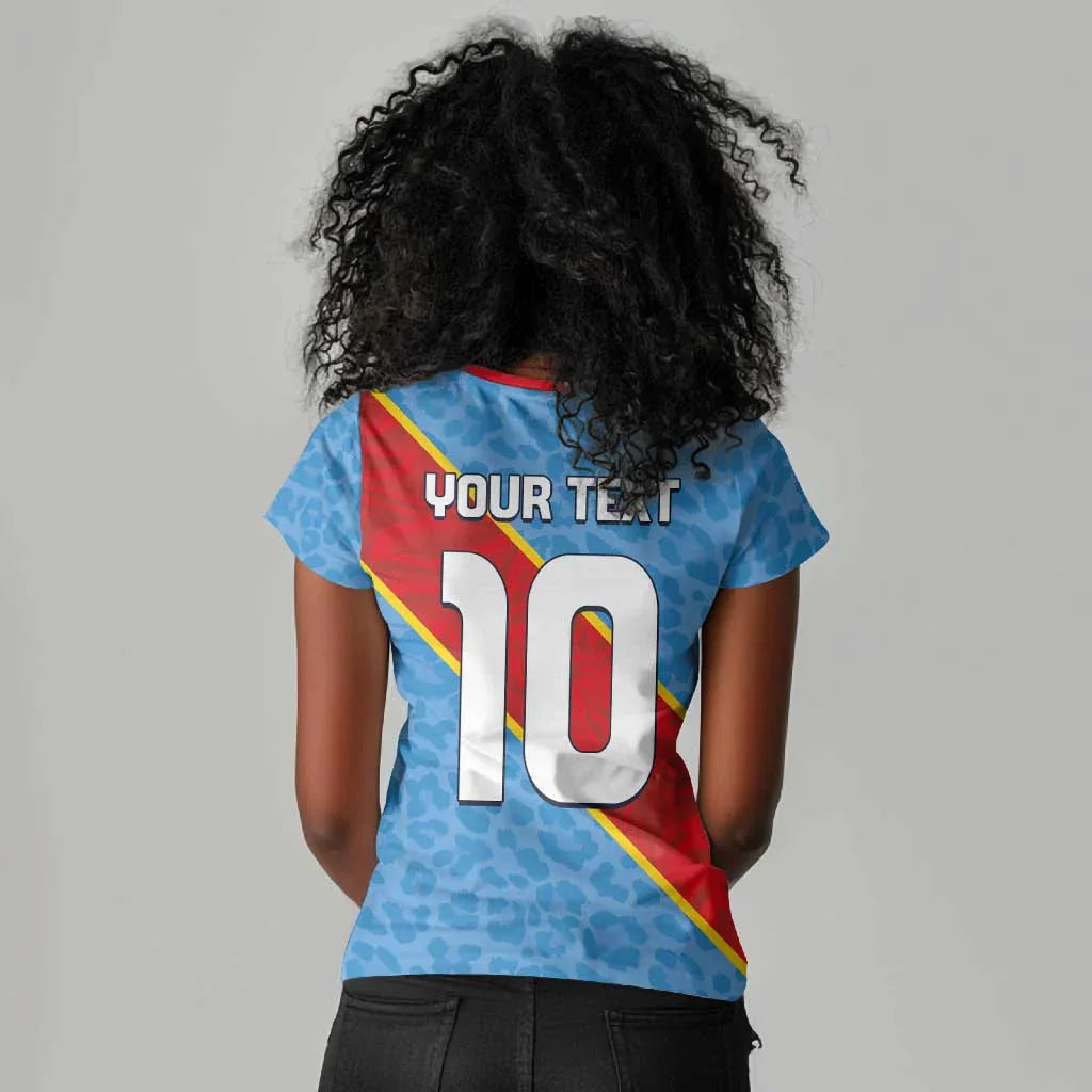 Democratic Republic of Congo Women's Blue Sweatshirt, V-neck T-shirt, Printed, Retro Minimalist Style Women's T-shirt Top