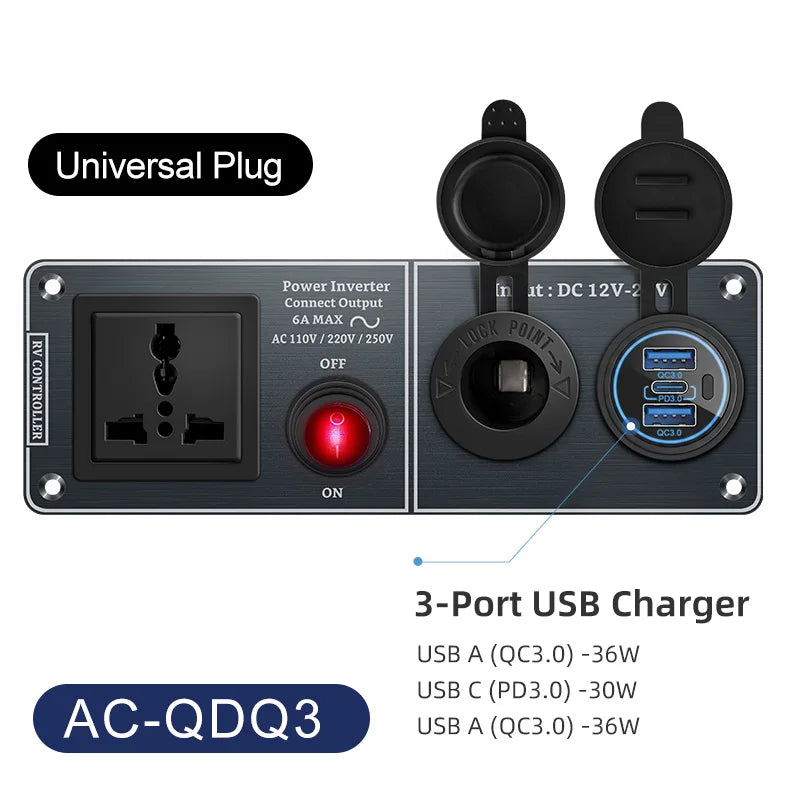 Chargeur de voiture multifonctionnel onduleur à panneau en aluminium AC110V 220V double port USB QC3.0 12V 24V pour VR, yacht, remorques de voyage