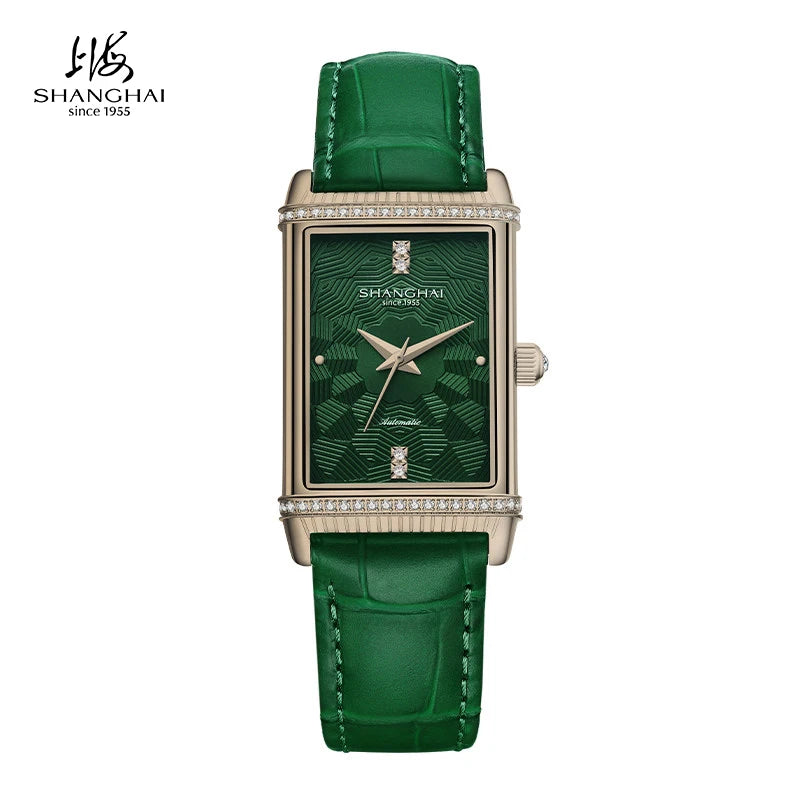 Shanghai Watches Vintage Women's Mechanical Watch 25x41 mm Rectangle Automatic Watch 3D Dial Sapphire Leather Fashion Watch 22MT
