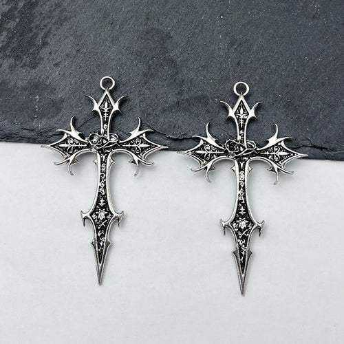 2pcs New Gothic Punk Double Sided Cross Pendant Vintage Ethnic Pattern Alloy Exaggerated Statement Necklace for Women Men