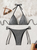 sexy grey leopard print gillter halter tie bikinis sets two pieces thong swimsuit Swimwear Biquini conjunto de bikini tankini