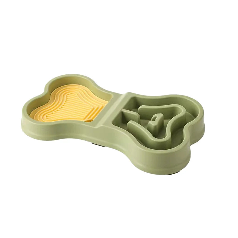 Non Slip Bone Shaped Dog Slow Feeder Bowl Double Compartment Interactive Maze Pet Food Dish for Fast Eaters Anti Choking Dry Wet