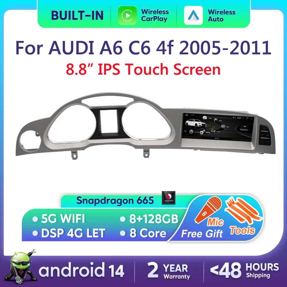 Android 14 8+128G Autoradio CarPlay Pour Audi A6 C6 4f 2005 2006 2007 2008-2011 MMI 2G 3G Lecteur Multimédia de Voiture Stéréo Wifi Navi