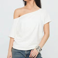 Womens Solid Striped Off One Shoulder Short Sleeve T Shirt Y2k Cute Sweet Fairy Vintage Aesthetic Preppy Summer Casual Tee Tops