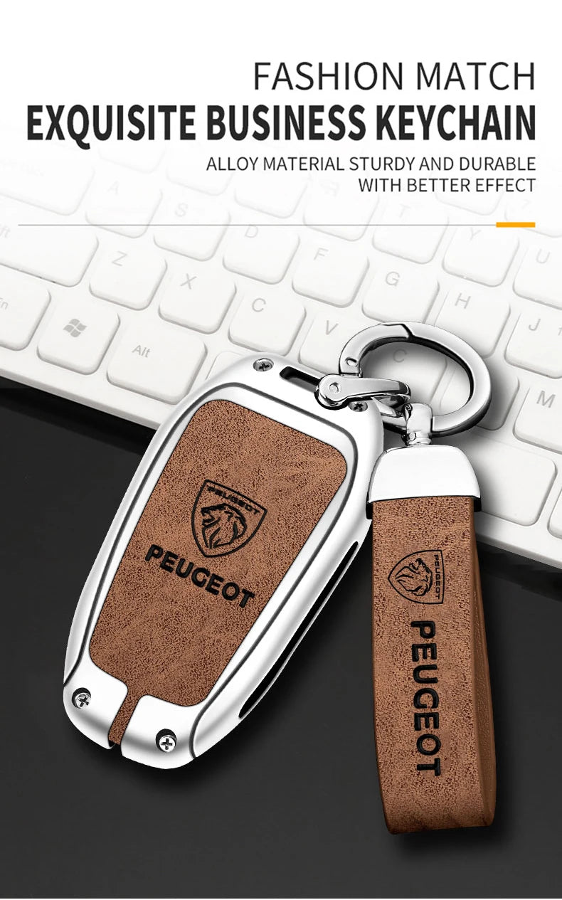 Leather Zine Alloy Car Smart Key Case Shell Cover Protector Fob For Peugeot 308 408 508 2008 3008 4008 5008 Keychain Accessories