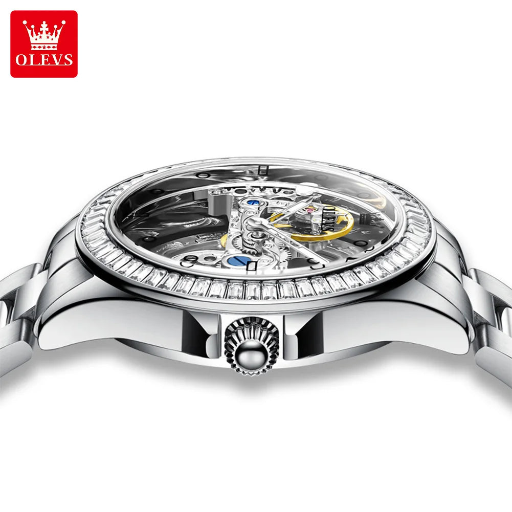 OLEVS Fully Hollowed Watches for Women Automatic Mechanical Women's Watches Luxury Stainless Steel Diamond Inlay Wristwatch 6699
